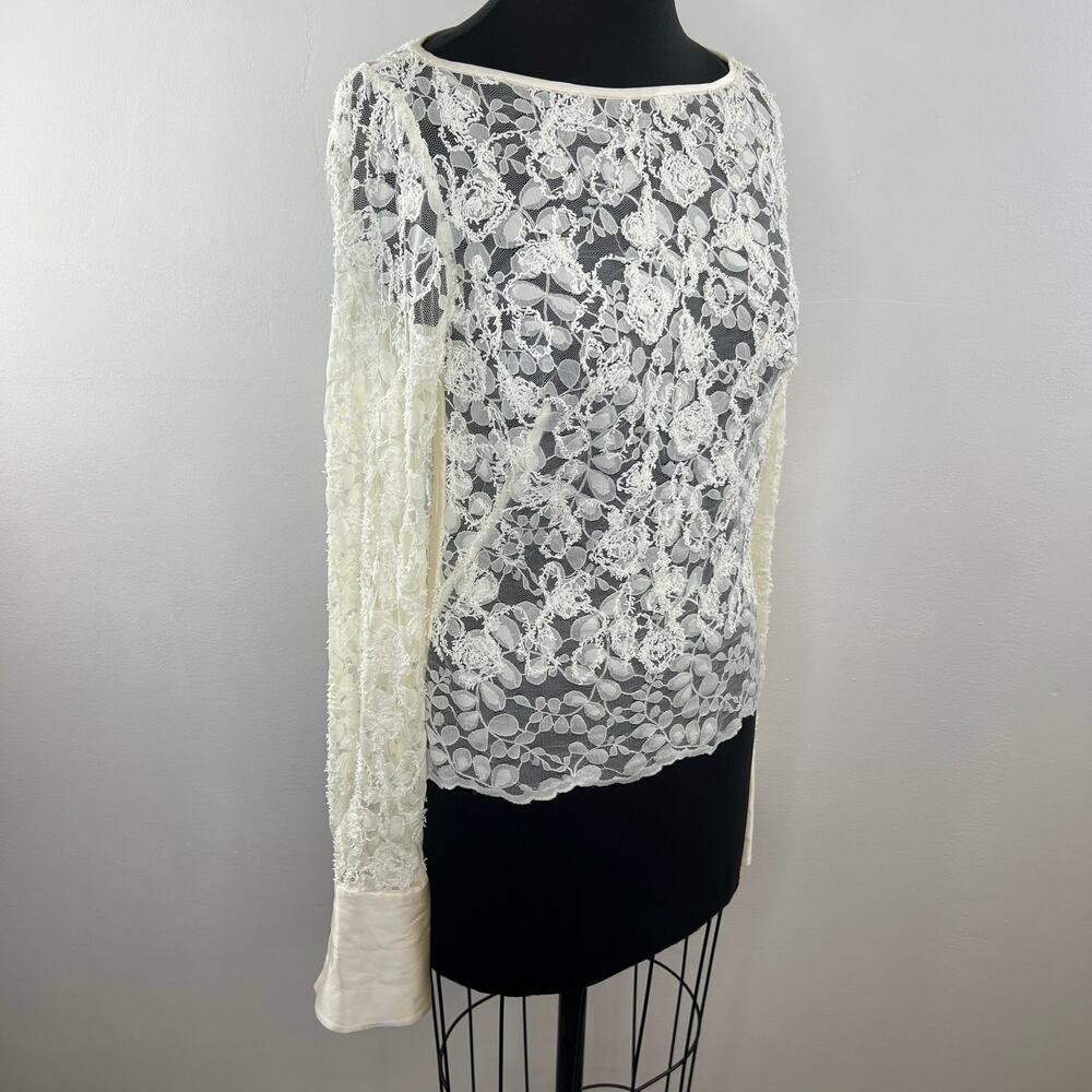 WORTH NY White Floral Lace Sheer Long Sleeve Blouse Button Cuffs Side Zip 2 XS - Picture 2 of 10